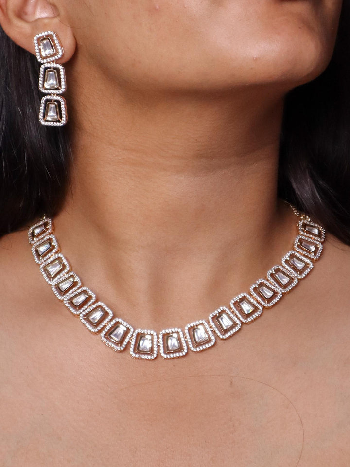 A closeup image of a girl wearing Meera Kundan Polki Necklace Set -5 by Live Some India 