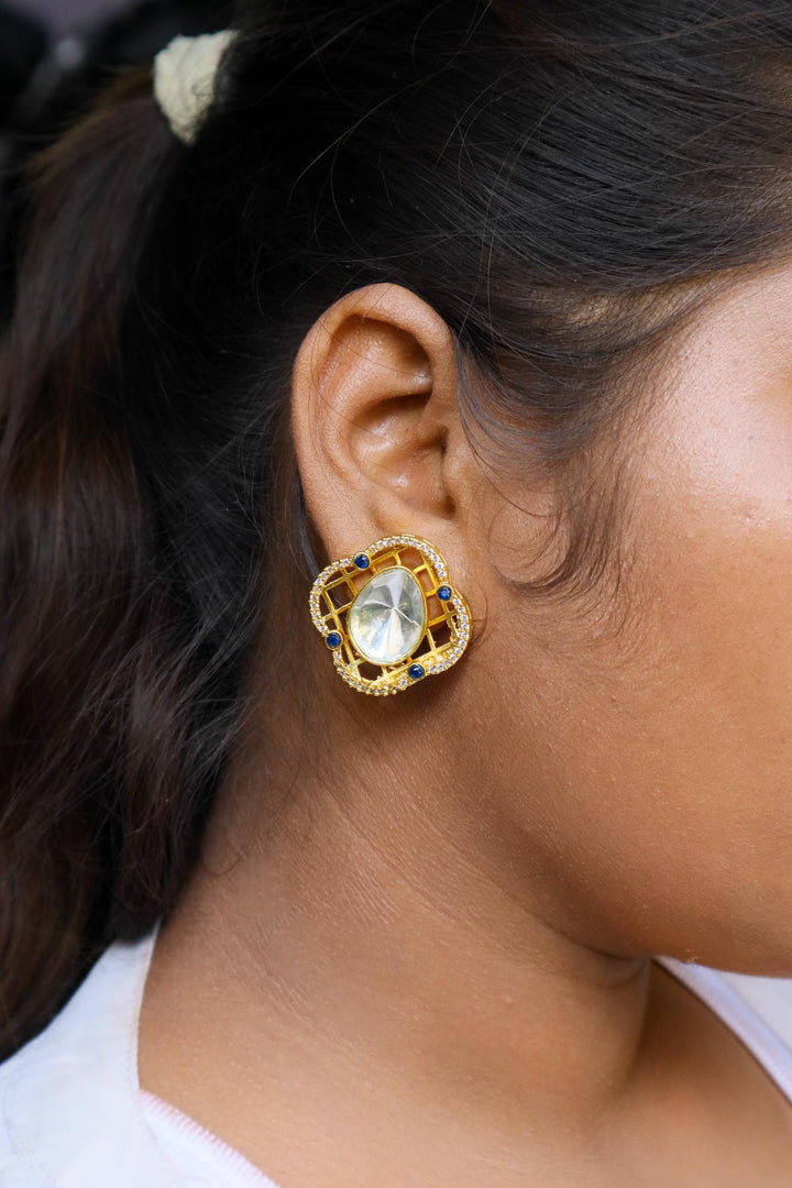 A closeup image of a girl wearing Moti Kundan Polki Stud Earrings -2 by Live Some India 