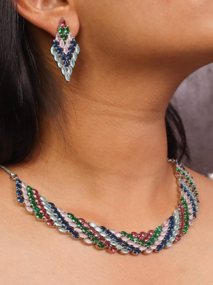 A closeup image of a girl wearing Multi Choker Diamond Necklace set by Live Some India 