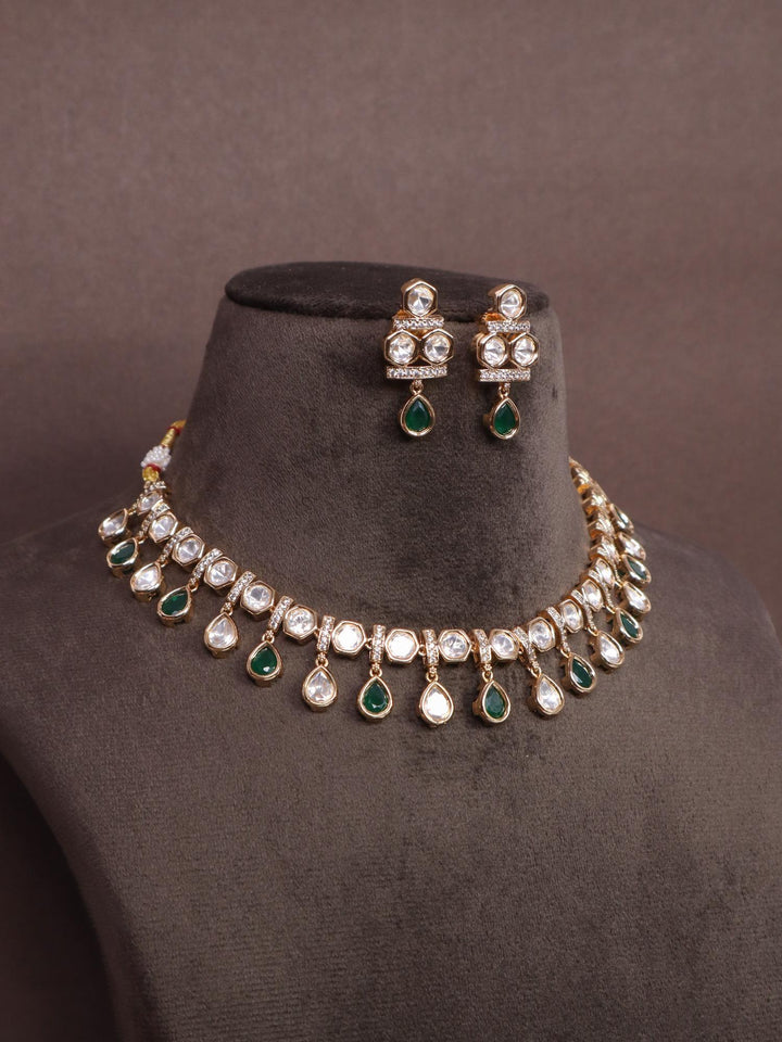 A closeup image of Myra Green Kundan Polki Necklace Set -1 by Live Some India 