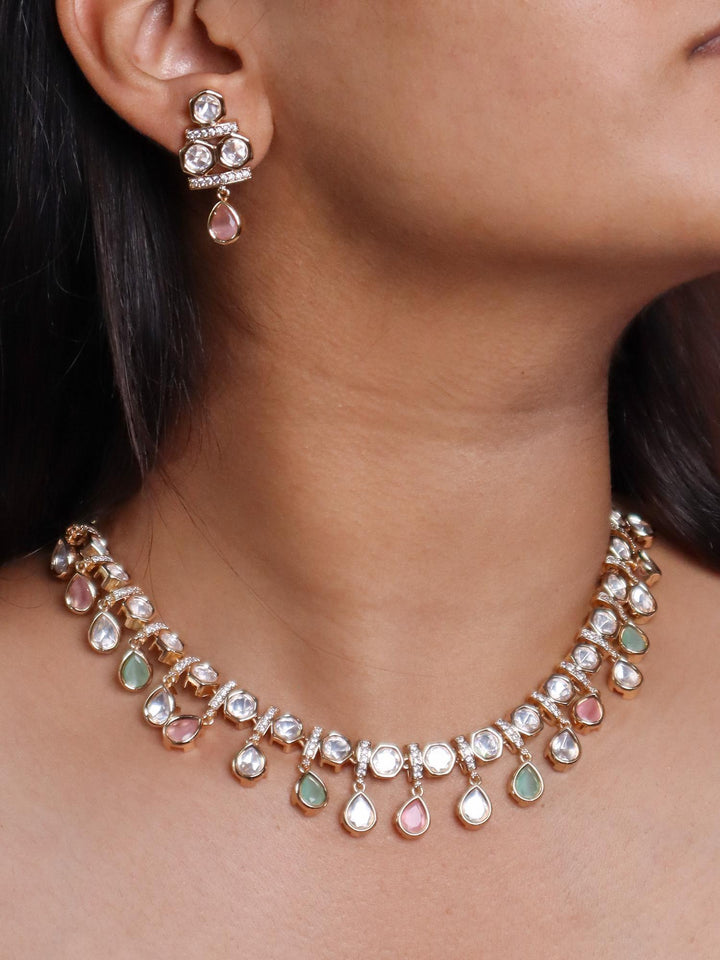 A closeup image of a girl wearing Myra Pastel Kundan Polki Necklace Set -1 by Live Some India 