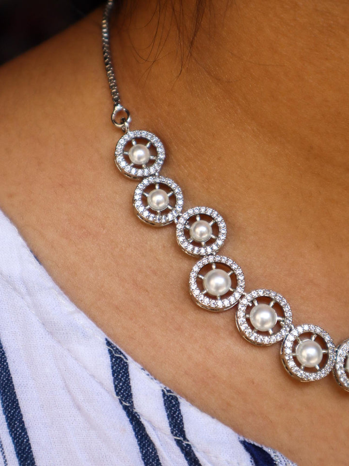 A closeup image of a girl wearing Nitya Pearl Necklace -1 by Live Some India