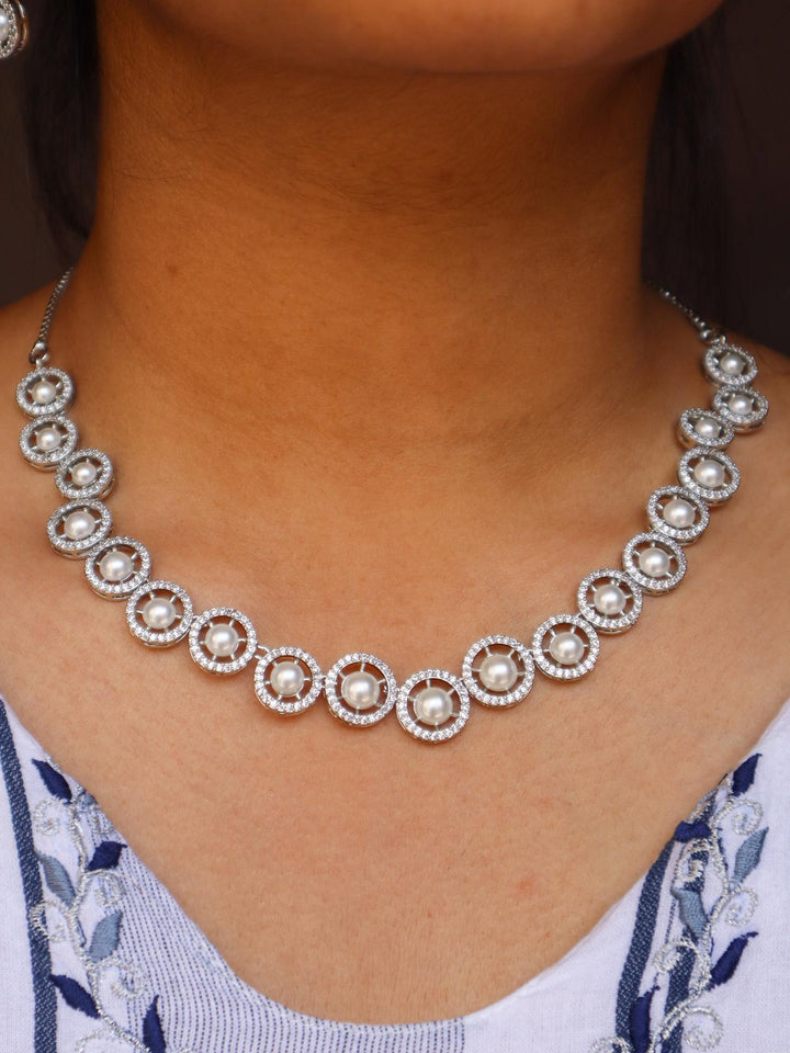 A closeup image of a girl wearing Nitya Pearl Necklace -2 by Live Some India