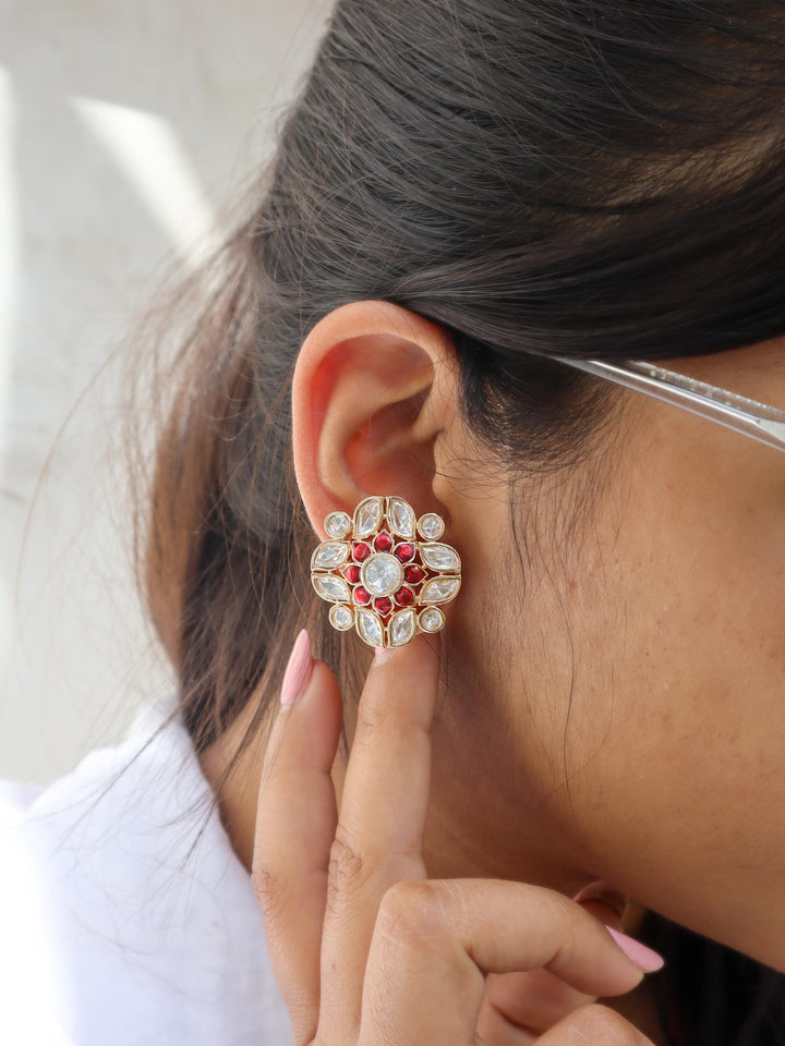 A closeup image of Niu Kundan Polki Stud Earrings by Live Some India