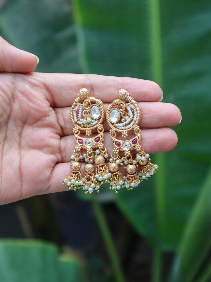 Oviya Temple Jewellery Dangle Earrings by Live Some India on hand with green leaves background