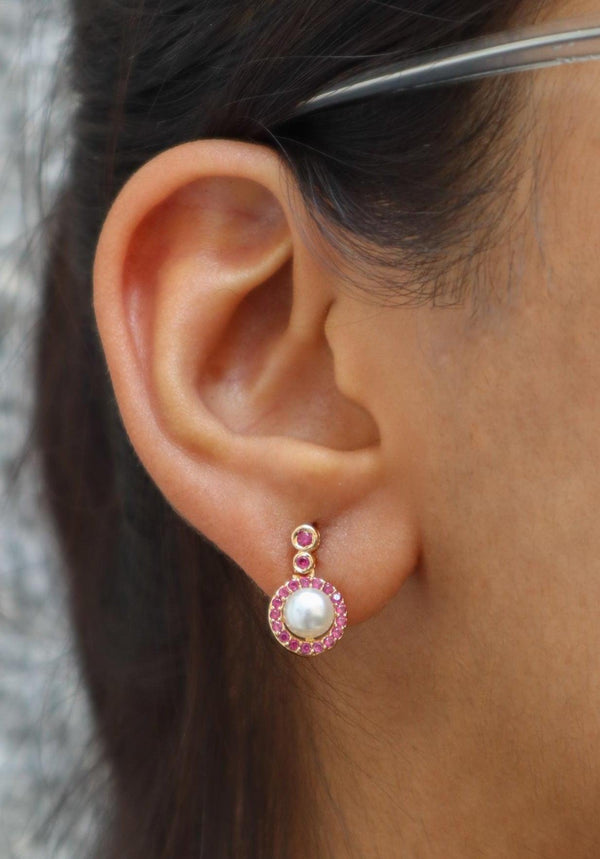 Ruby Bordered Pearl Earrings