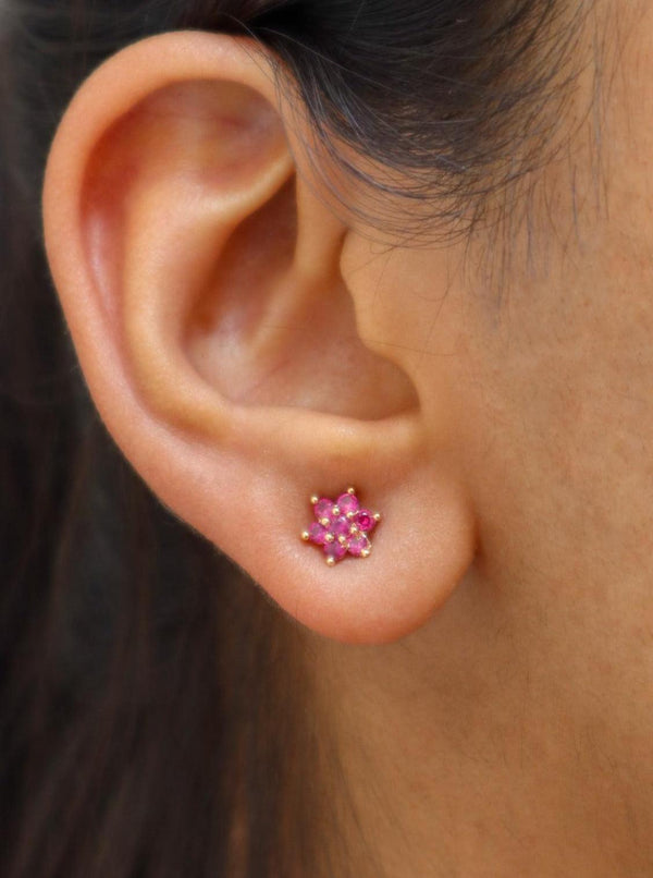 Mini Gold Studded Ruby Floral Earrings