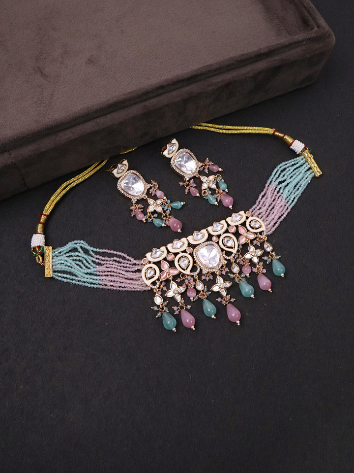 Pastel Kundan Meena Choker with White Meenakari by Live Some India on a Black background