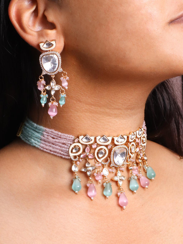 A closeup image of a girl wearing Pastel Kundan Polki Choker Neclace Set with White Meenakari -2 by Live Some India 