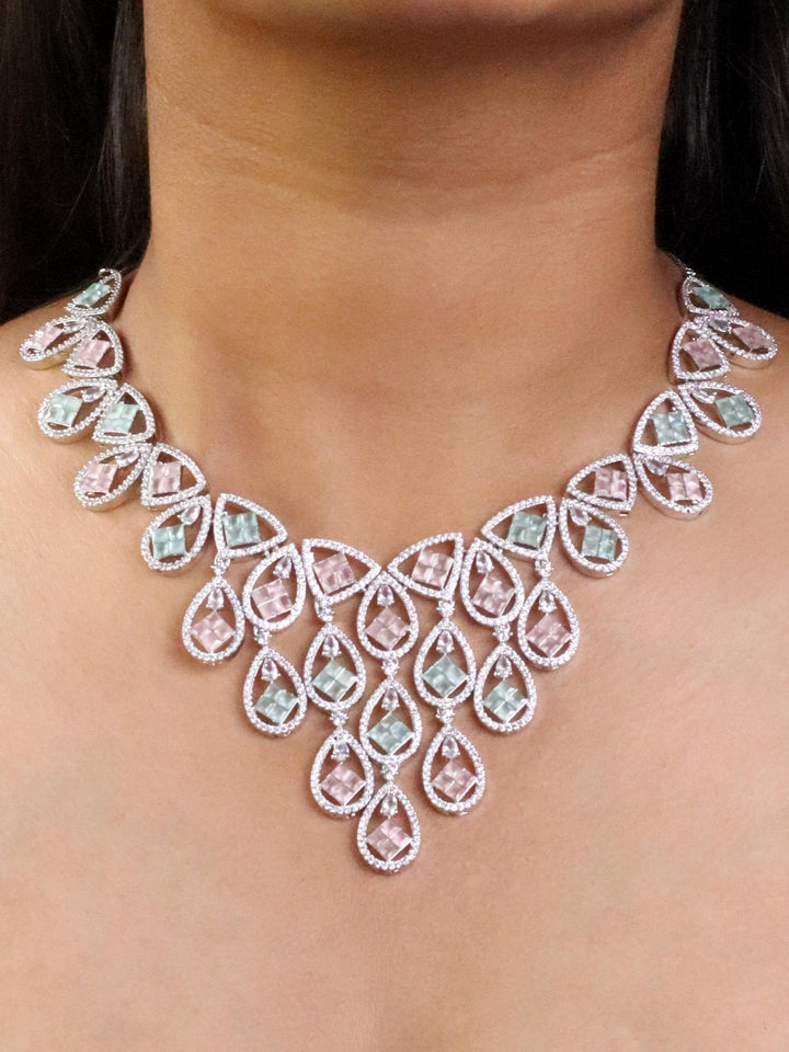 A closeup image of a girl wearing Pastel Love Diamond Necklace -3 by Live Some India 