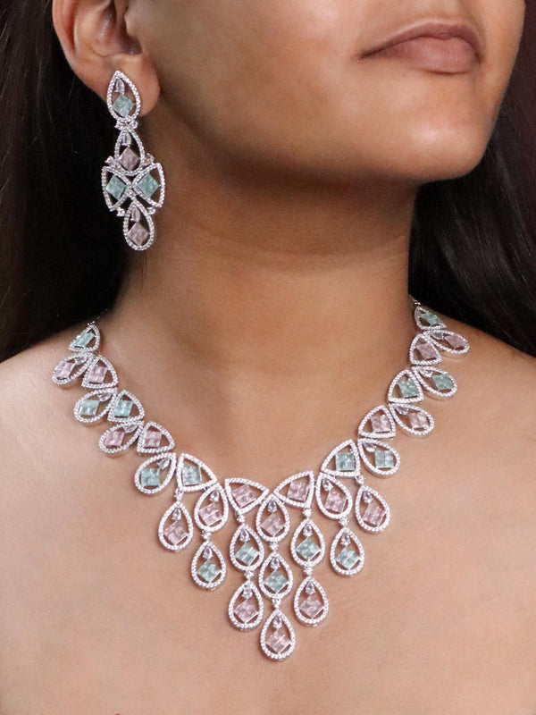 A closeup image of a girl wearing Pastel Love Diamond Necklace Set -1 by Live Some India 