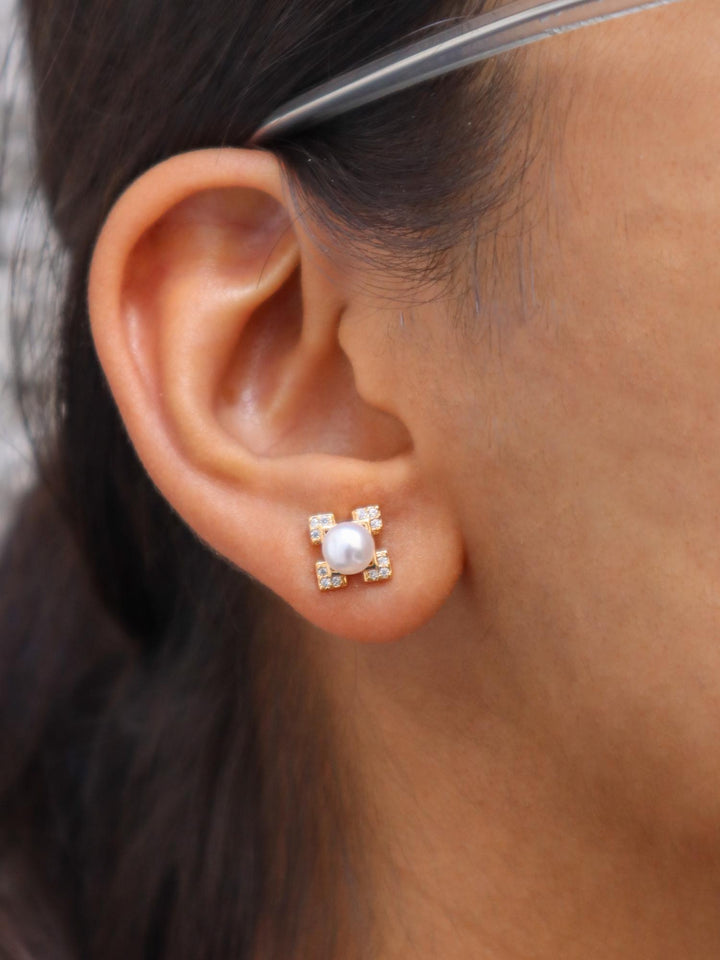 A closeup image of Pearl Cornered Earrings -1 by Live Some India 