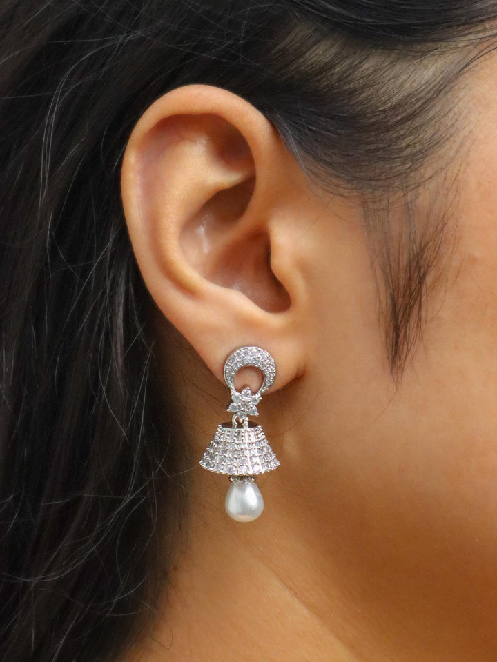 Girl weaing Pearl Drop Small Diamond Dangle Jhumka Earrings by Live Some india on her right ear