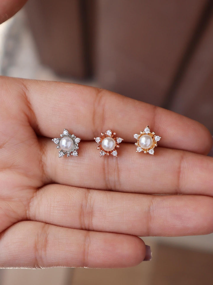 A closeup image of Pearl Studded Star Earrings -2 by Live Some India 