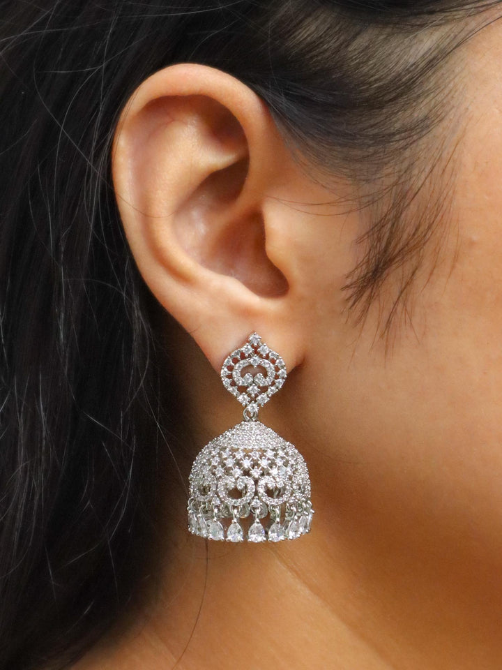 Girl wearing Purva Diamond Jhumka Earrings by Live Some India