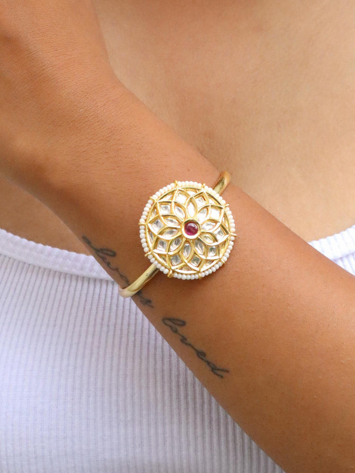 A closeup image of a girl wearing Radiant Kundan Polki Bracelet -3 by Live Some India 