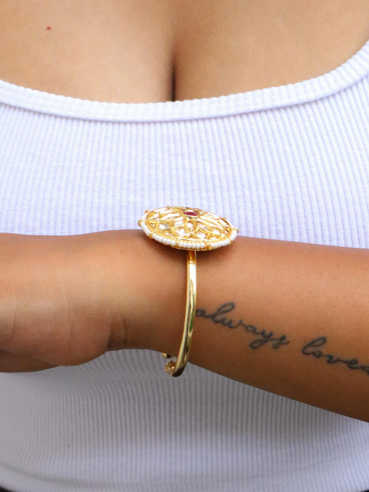 A closeup image of a girl wearing Radiant Kundan Polki Bracelet -4 by Live Some India 