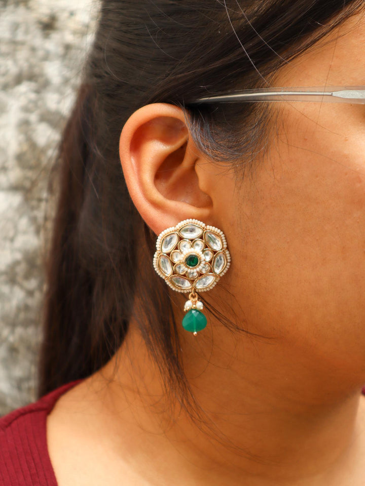 A closeup image of Rekha Green Kundan Polki Dangler Earrings -1 by Live Some India 