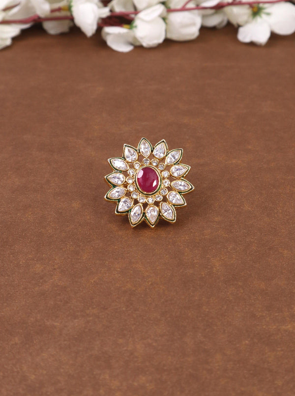 A closeup image of Rose Pink Kundan Polki Ring -1 by Live Some India 