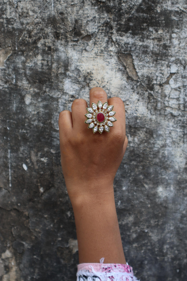 A closeup image of a girl wearing Rose Pink Kundan Polki Ring -3 by Live Some India 