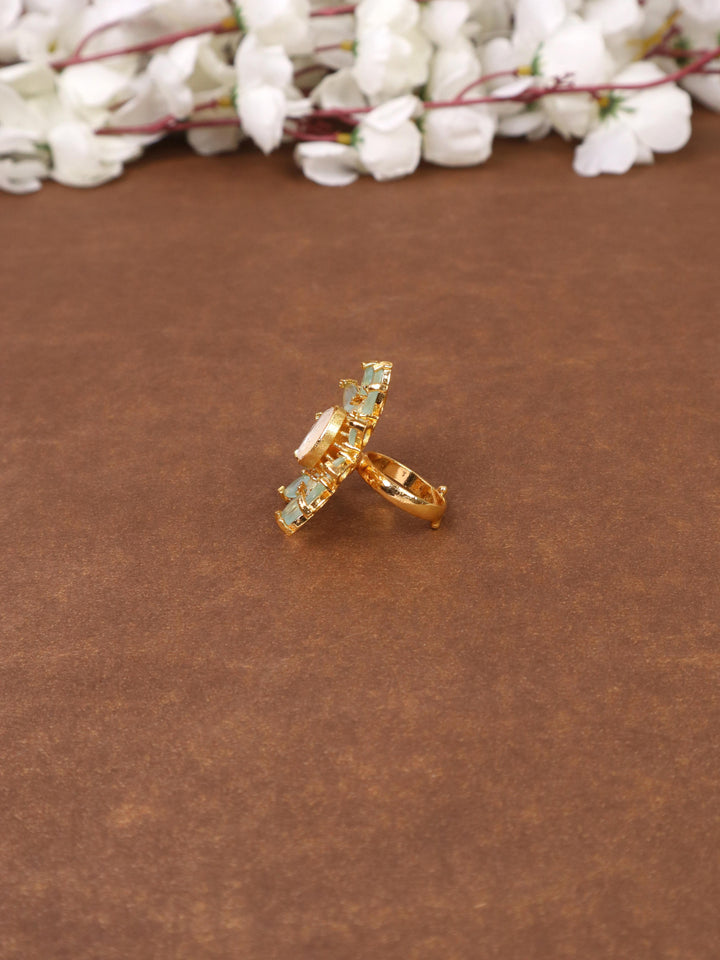 A closeup image of Royal Finish Mint Green Kundan Polki Ring -1 by Live Some India 