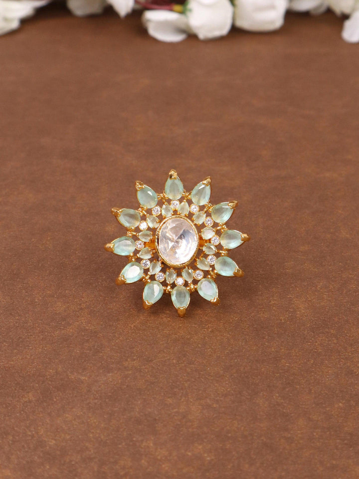 A closeup image of Royal Finish Mint Green Kundan Polki Ring -2 by Live Some India 
