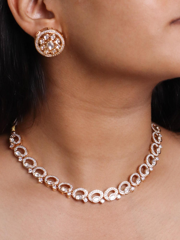 A closeup image of a girl wearing Royal Kundan Polki necklace Set -1 by Live Some India 