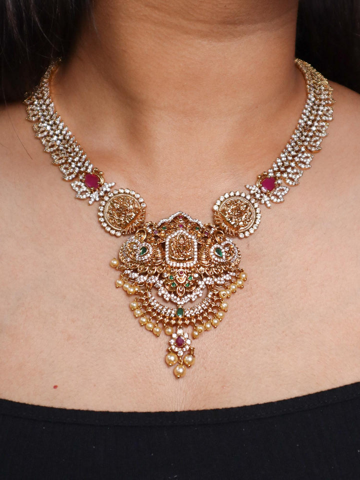 A closeup image of Royal Laxmi Maa 18K Gold Plated Necklace by Live Some India 