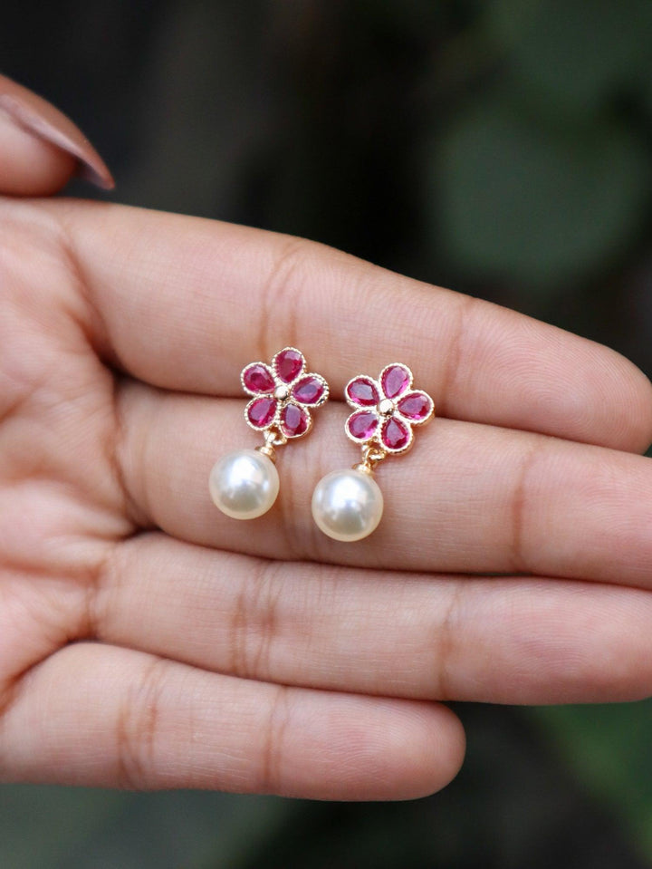 A closeup image of Ruby Floral with Pearl Drop Earrings -1 by Live Some India 