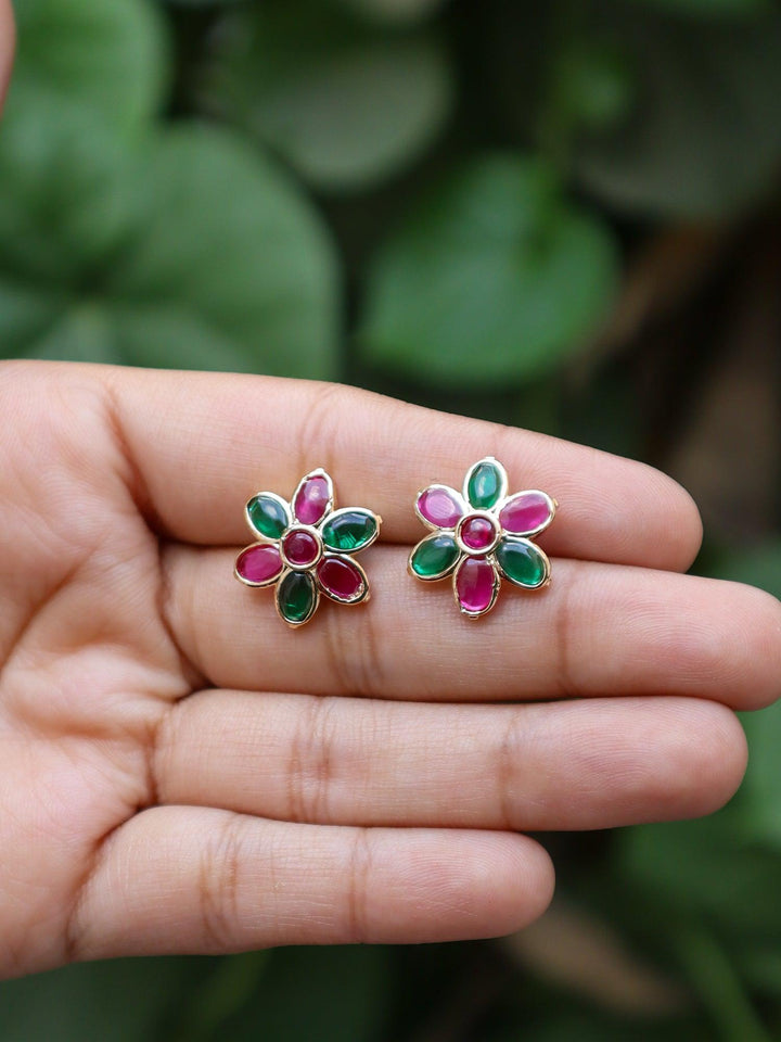 A closeup image of Ruby and Emerald Floral Earrings -1 by Live Some India