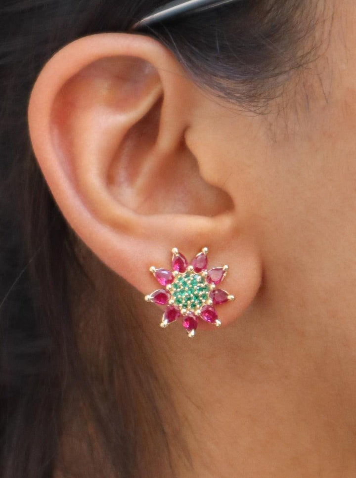 A closeup image of Ruby and Green Stone Earrings by Live Some India 