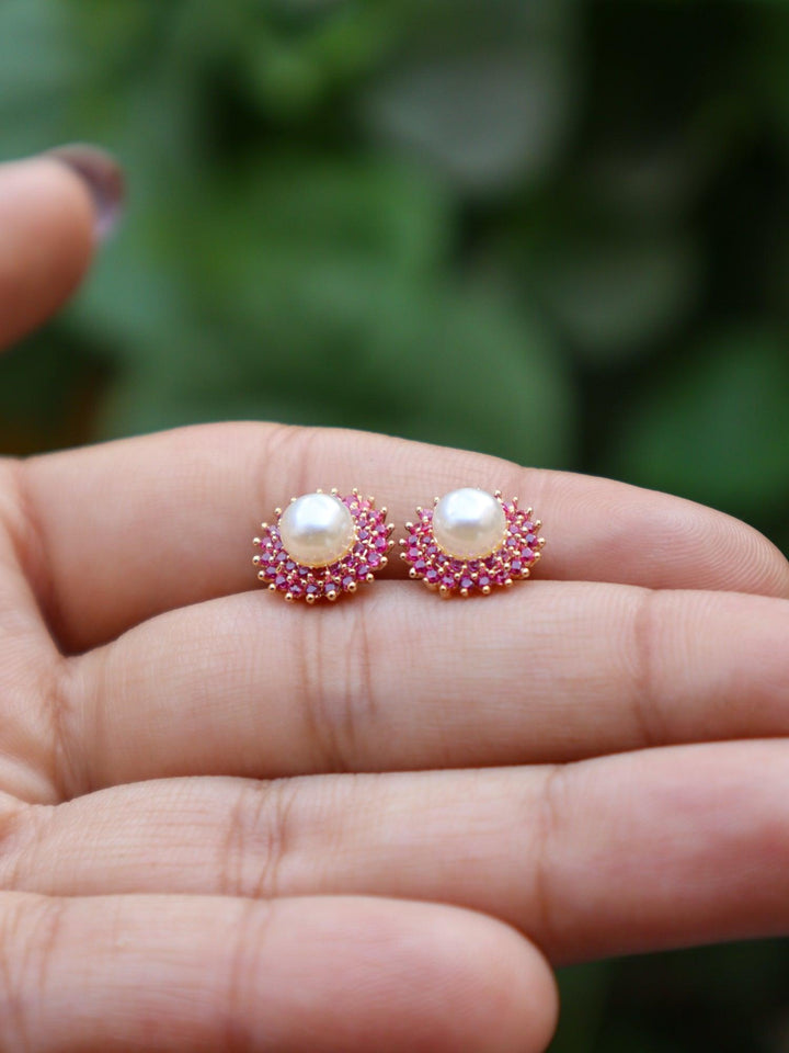 A closeup image of Ruby with Pearl Earrings -1 by Live Some India 