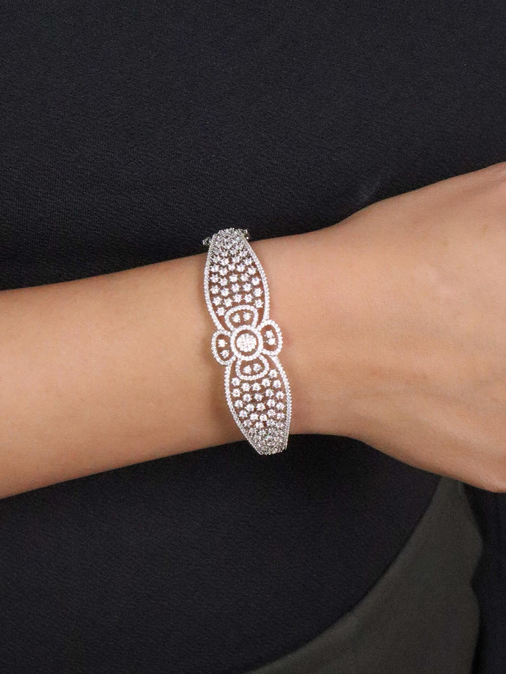 Girl wearing Saanvi Designer Diamond Bracelet - Silver by Live Some India