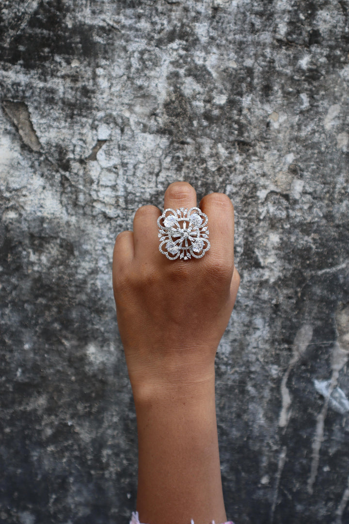 A closeup image of a girl wearing Saanvi White Diamond Ring by Live Some India 