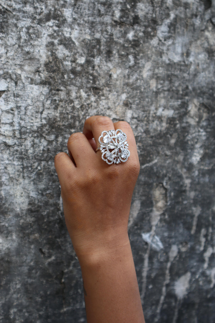 A closeup image of a girl wearing Saanvi White Diamond Ring -1 by Live Some India 