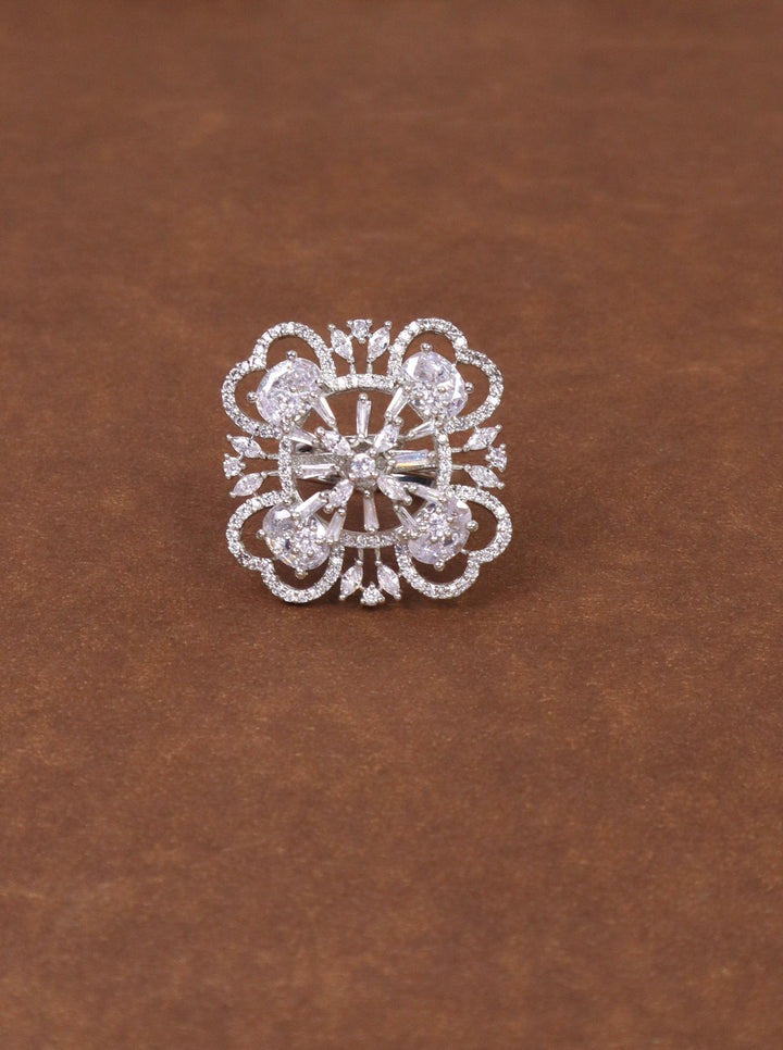 A closeup image of Saanvi White Diamond Ring -2 by Live Some India on a brown background 