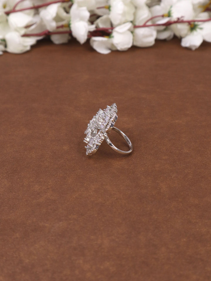 A closeup image of Saanvi White Diamond Ring -3 by Live Some India on a brown background 