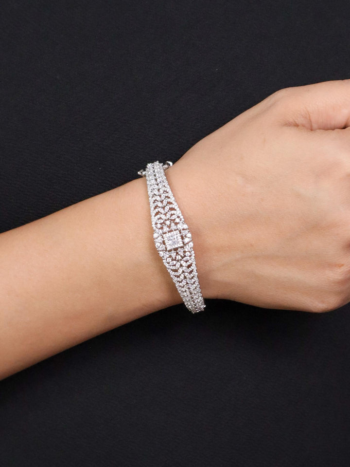 Girl wearing Samaira Designer Diamond Bracelet - Silver by Live Some India