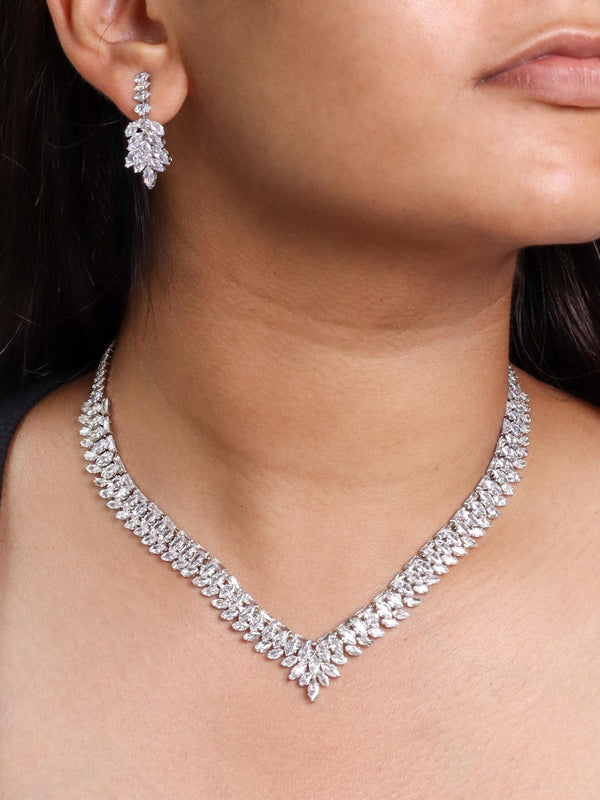 A closeup image of a girl wearing Samaira Diamond Necklace Set -3 by Live Some India