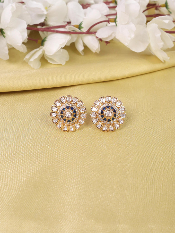 A closeup image of Satvi Kundan Polki Blue Stud Earrings by Live Some India