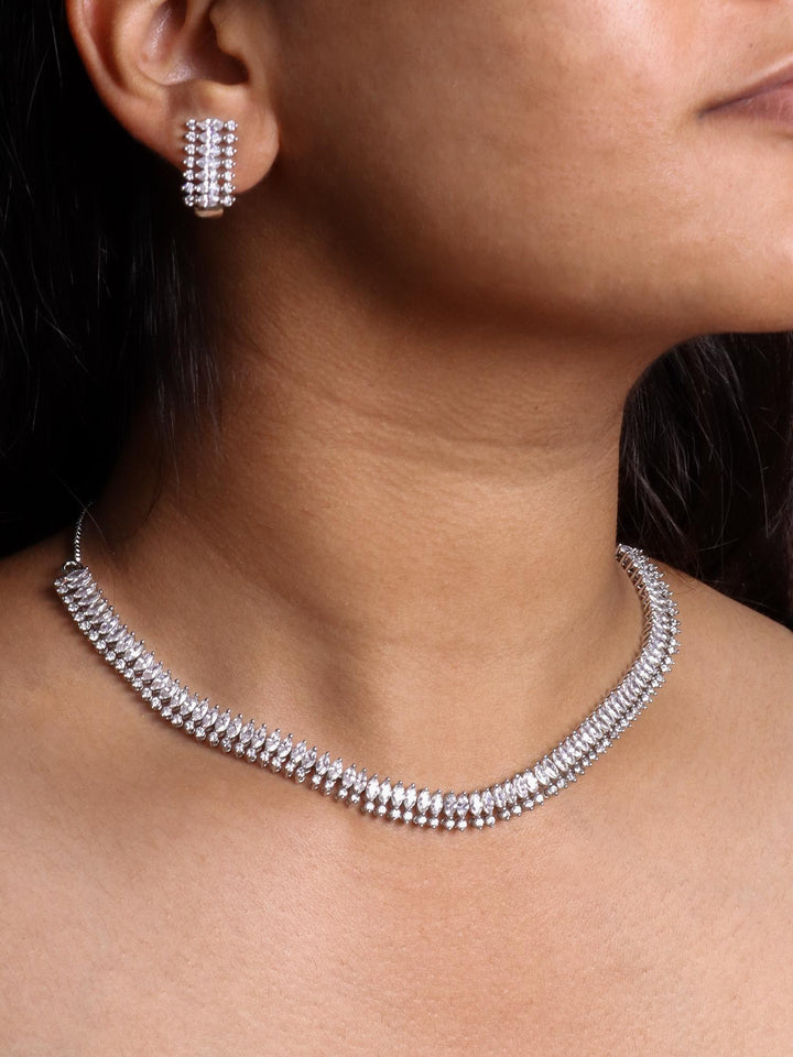 A closeup image of a girl wearing Shine DIamond Necklace Set -3 by Live Some India 