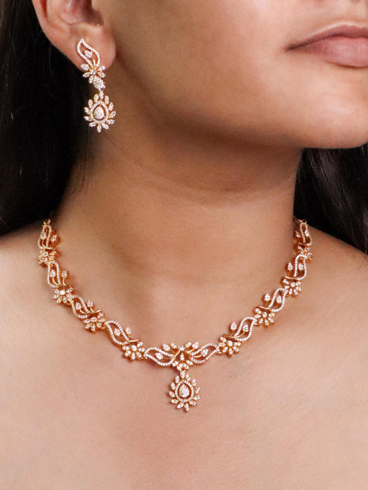 A closeup image of a girl wearing Shloka Diamond Necklace Set -3 by Live Some India 