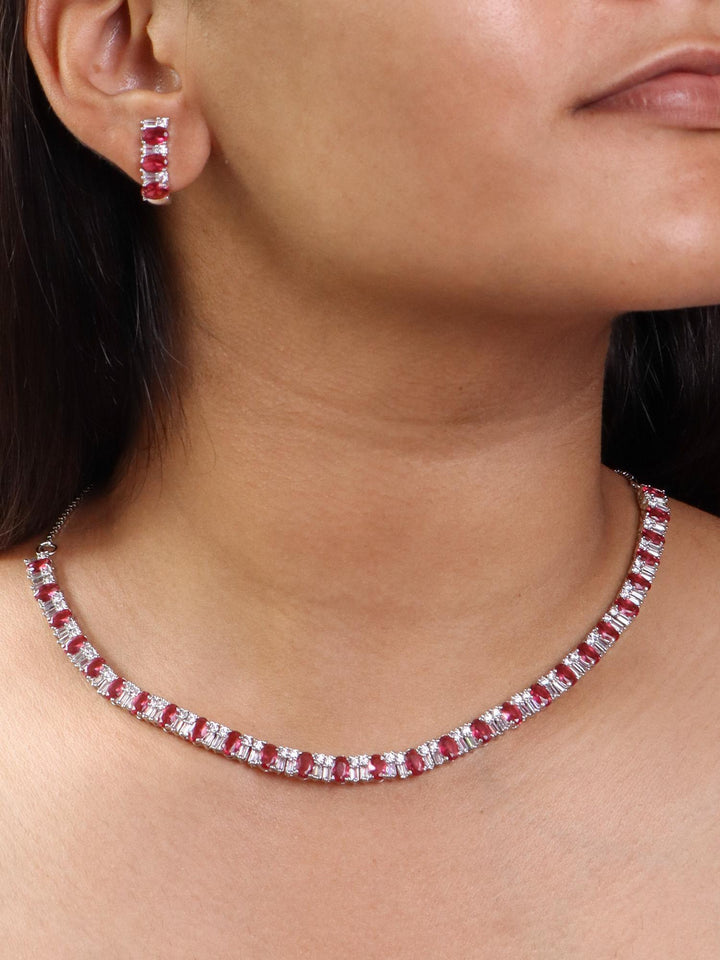 A closeup image of a girl wearing Single Layered Pink Diamond Necklace Set by Live Some India 