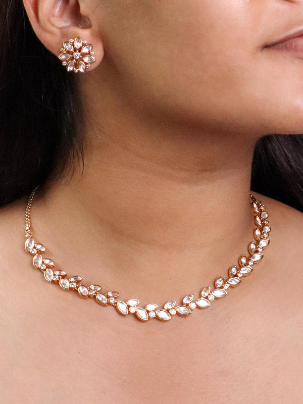 A closeup image of a girl wearing Sirat Diamond Necklace Set -3 by Live Some India 