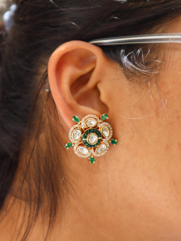 A closeup image of a girl wearing Soni Kundan Polki Stud Earrings -3 by Live Some India 