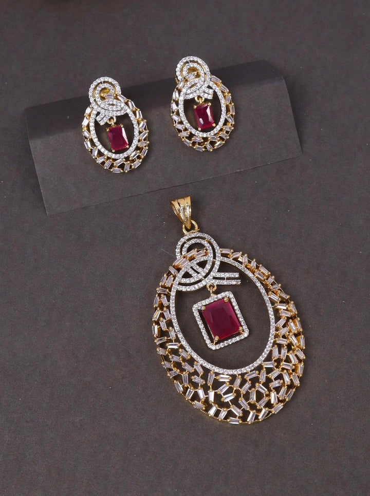 A closeup image of Sparkling Pink Diamond Pendant Set by Live Some India on a black background 