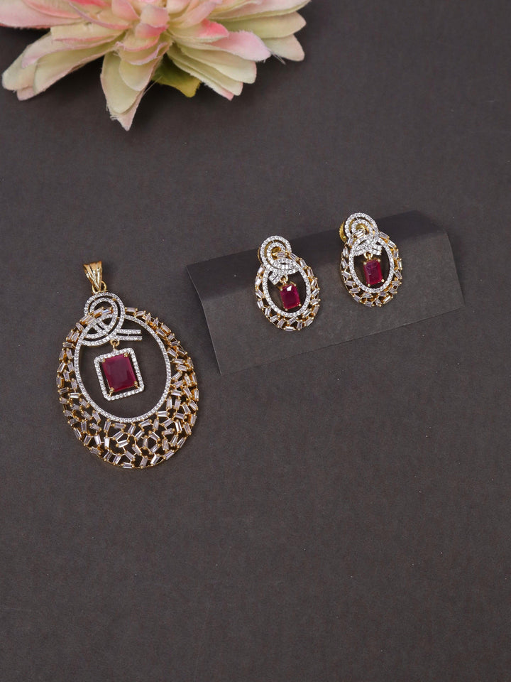 A closeup image of Sparkling Pink Diamond Pendant Set -1 by Live Some India on a black background 