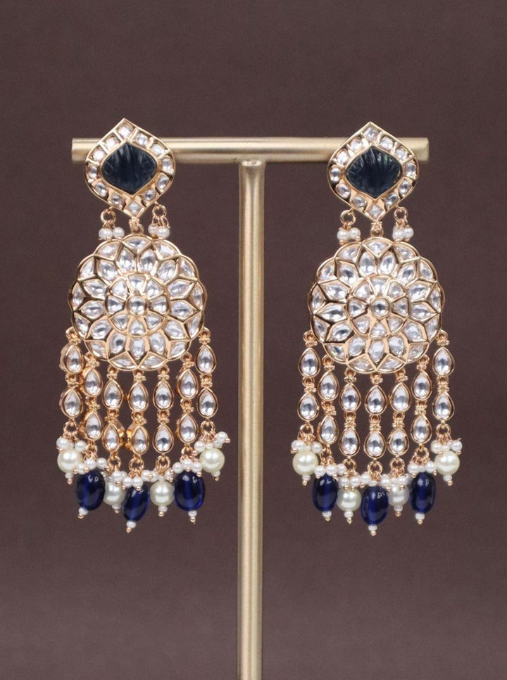 A closeup image of Statement Blue Kundan Polki Dangler Earrings -1 by Live Some India 