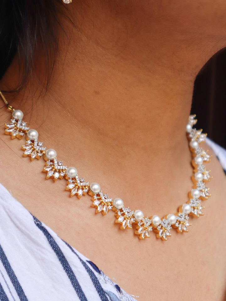 A closeup image of a girl wearing Sunrise Pearl Necklace Set -3 by Live Some India 