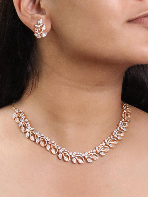 A closeup image of a girl wearing Tangled Diamond Necklace Set by Live Some India